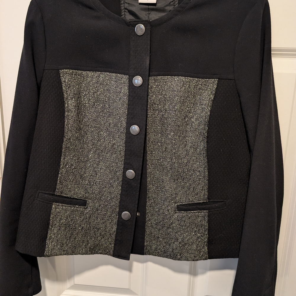 CAbi Black Jacket with Gray Textured Front Panels and Silver Buttons